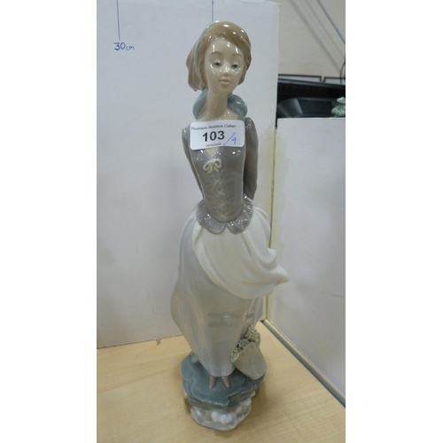 103 - Four Lladro figures to include a female holding a parasol, girl holding a lamb etc.  (4)