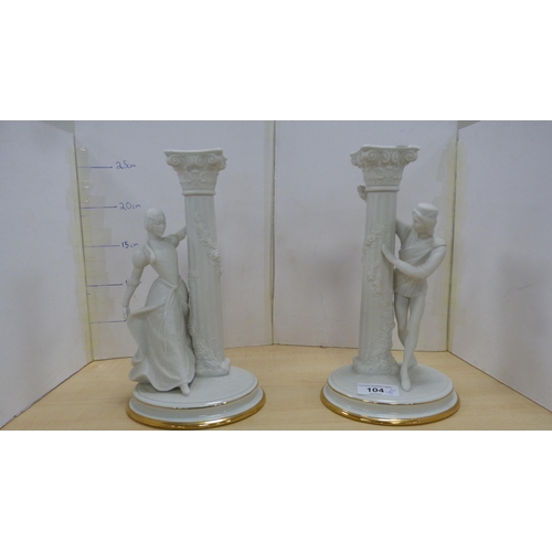 104 - Pair of Franklin Mint fine porcelain candlesticks modelled as Romeo and Juliet on oval bases.  ... 