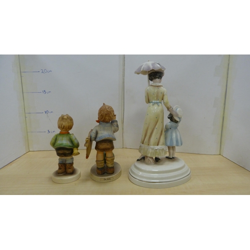 105 - Collection of Goebel Hummel figures, two Hummel table lamps, and a mother and child group.