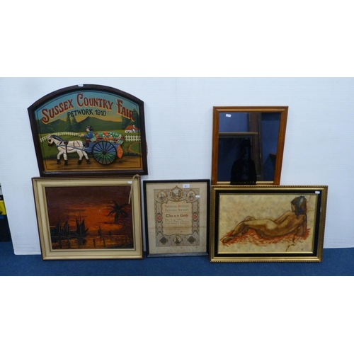 11 - Group of pictures and mirrors to include a reproduction painted panel, 'Sussex Country Fair', oil of... 