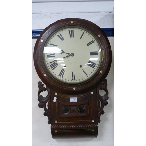 110 - Victorian mahogany drop dial wall clock decorated with mother of pearl, twin train dial.