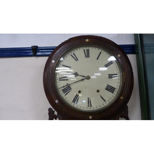 110 - Victorian mahogany drop dial wall clock decorated with mother of pearl, twin train dial.