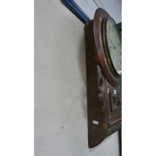 110 - Victorian mahogany drop dial wall clock decorated with mother of pearl, twin train dial.