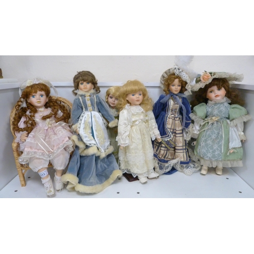 113 - Six porcelain-headed modern dolls to include Stewart Ross 'Vanity Fair - Juliana' etc.