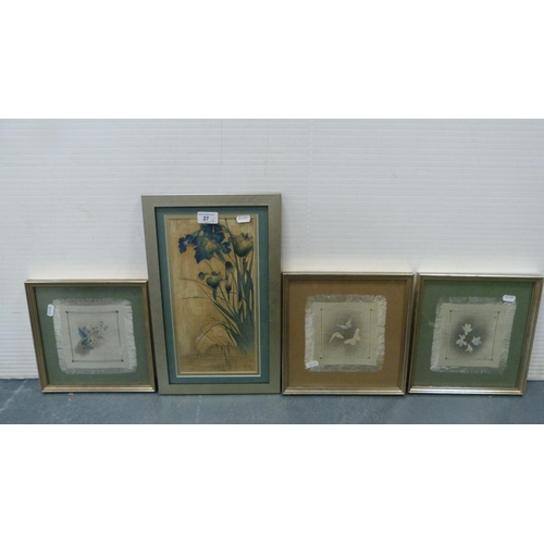 27 - Three handkerchief pictures, framed and glazed, and a pencil drawing of a bird amongst reeds.  (4)