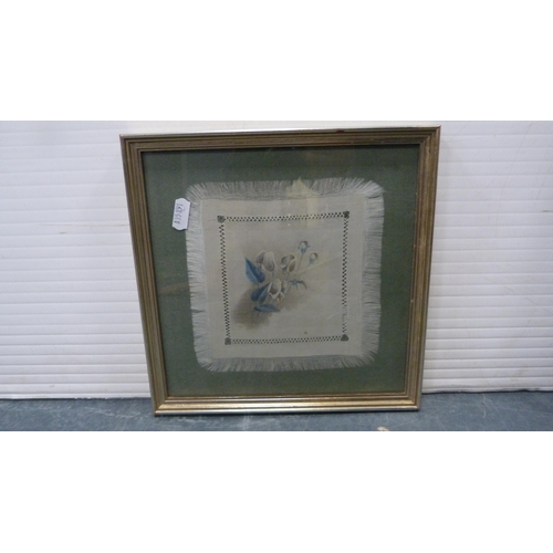 27 - Three handkerchief pictures, framed and glazed, and a pencil drawing of a bird amongst reeds.  (4)