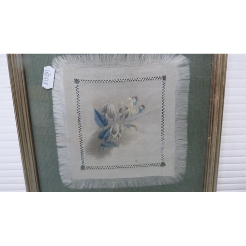 27 - Three handkerchief pictures, framed and glazed, and a pencil drawing of a bird amongst reeds.  (4)