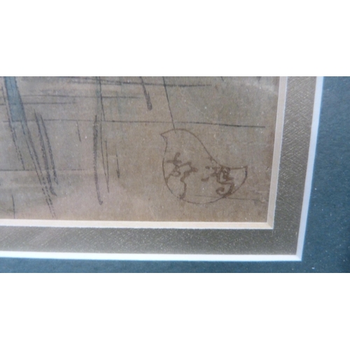 27 - Three handkerchief pictures, framed and glazed, and a pencil drawing of a bird amongst reeds.  (4)