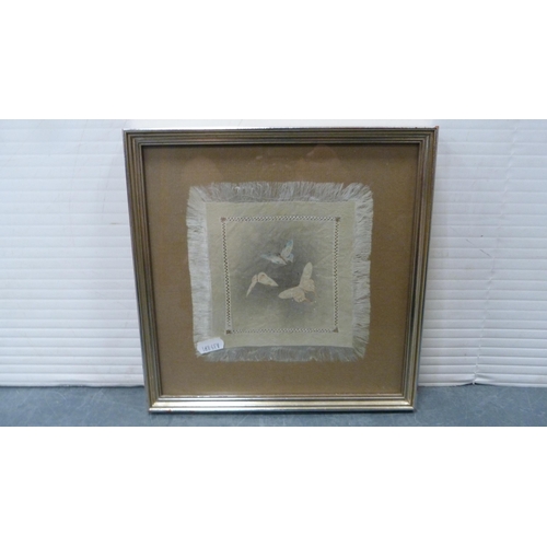 27 - Three handkerchief pictures, framed and glazed, and a pencil drawing of a bird amongst reeds.  (4)