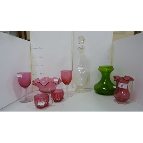 28 - Group of cranberry glass to include a jug, bowl, wine glasses and custard cups, also a green glass v... 