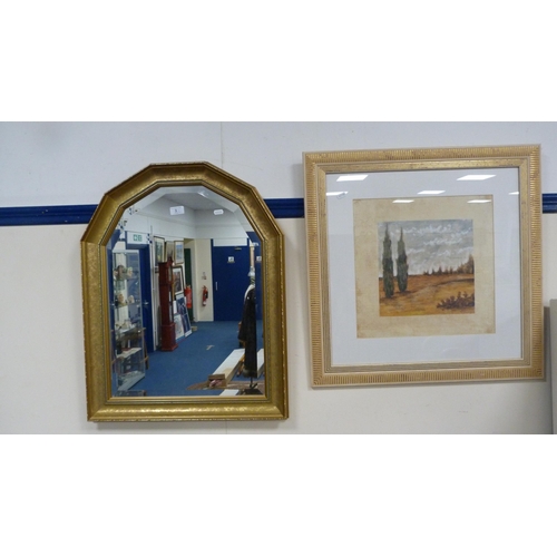 3 - Landscape scene print, framed and glazed, and a contemporary gilt wall mirror.  (2)