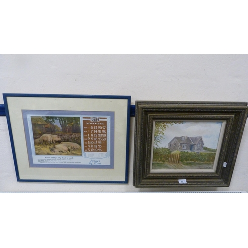 32 - Tanya SmithCottageSigned and dated '90, oil on canvas, and a reproduction 1927 'The Bibby' calendar.... 