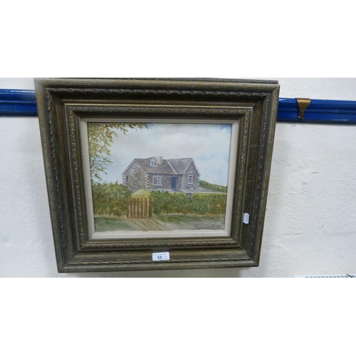 32 - Tanya SmithCottageSigned and dated '90, oil on canvas, and a reproduction 1927 'The Bibby' calendar.... 