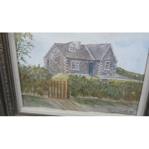 32 - Tanya SmithCottageSigned and dated '90, oil on canvas, and a reproduction 1927 'The Bibby' calendar.... 