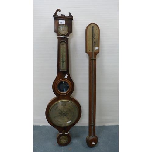 34 - 19th century stick barometer, lacking glass cover, and a 19th century mahogany wheel barometer. ... 