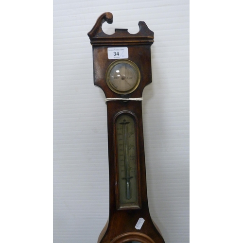 34 - 19th century stick barometer, lacking glass cover, and a 19th century mahogany wheel barometer. ... 