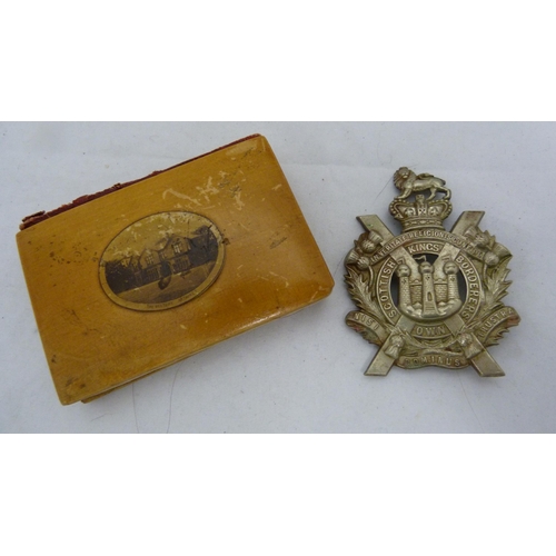 404 - White metal KOSB cap bag, and a small Sir Walter Scott song book with Mauchline covers to front and ... 