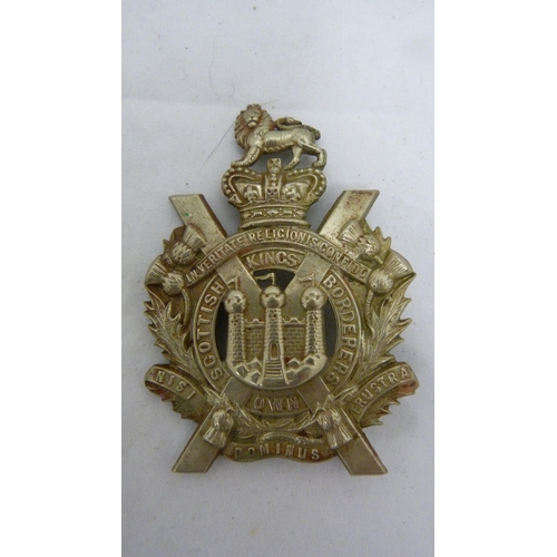 404 - White metal KOSB cap bag, and a small Sir Walter Scott song book with Mauchline covers to front and ... 