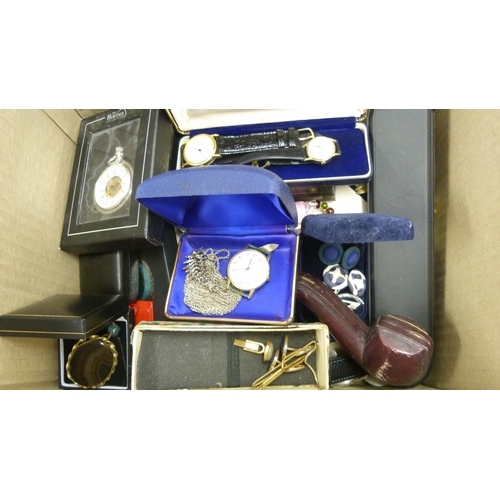 409 - Box of costume jewellery to include a Victorian-style brooch, fashion watches, bangles, necklaces et... 