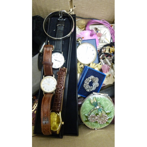 409 - Box of costume jewellery to include a Victorian-style brooch, fashion watches, bangles, necklaces et... 