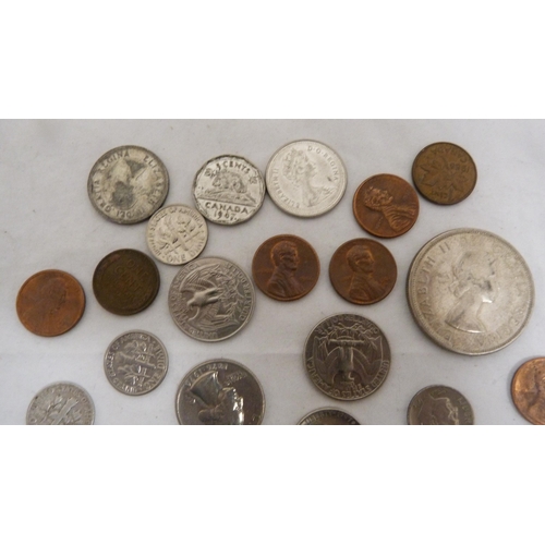 413 - Bag of coinage to include small Victorian silver coin, 1897 USA silver one cent coin, Newfoundland 1... 