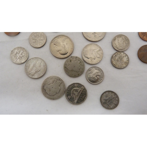 413 - Bag of coinage to include small Victorian silver coin, 1897 USA silver one cent coin, Newfoundland 1... 