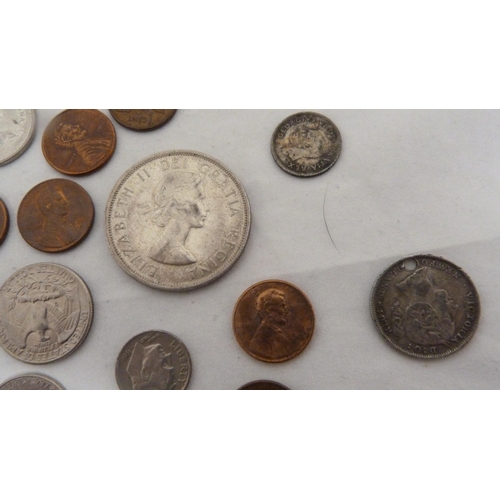413 - Bag of coinage to include small Victorian silver coin, 1897 USA silver one cent coin, Newfoundland 1... 