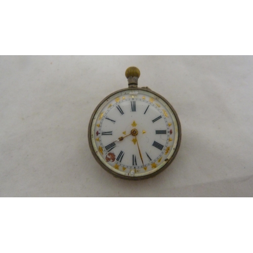 414 - Victorian lady's silver-cased fob watch with enamel dial, 32g gross, rolled gold photo pendant on ch... 