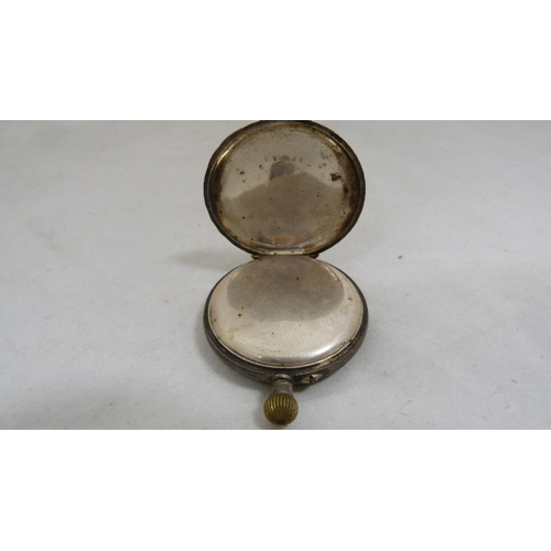 414 - Victorian lady's silver-cased fob watch with enamel dial, 32g gross, rolled gold photo pendant on ch... 