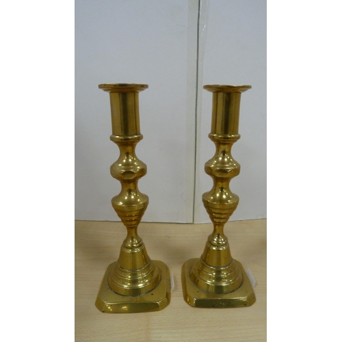 42 - Pair of brass beehive candlesticks and another smaller pair. 