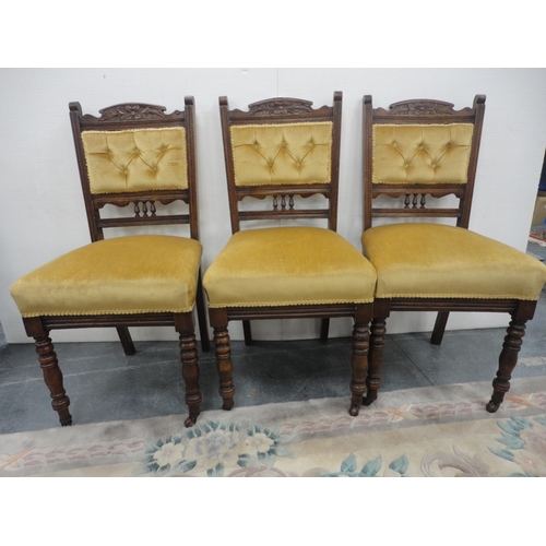 426 - Three matching mahogany dining chairs, c. early 20th century, upholstered in later mustard stuff-ove... 