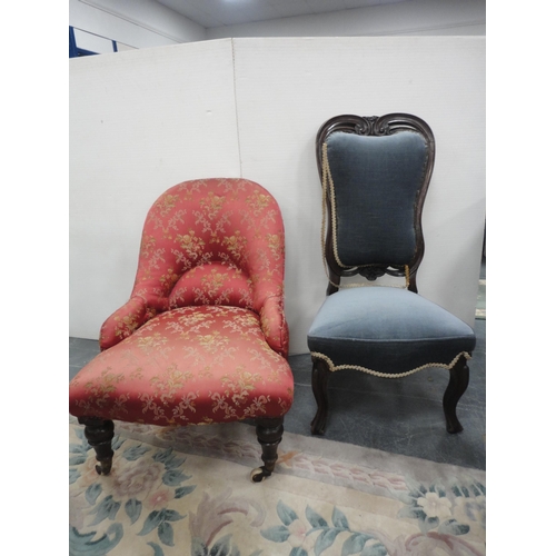 427 - Victorian mahogany nursing-type chair, upholstered in later pink floral moquette, on ceramic castors... 