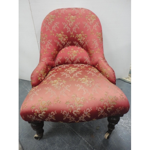 427 - Victorian mahogany nursing-type chair, upholstered in later pink floral moquette, on ceramic castors... 