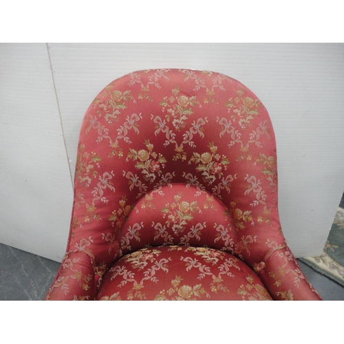 427 - Victorian mahogany nursing-type chair, upholstered in later pink floral moquette, on ceramic castors... 