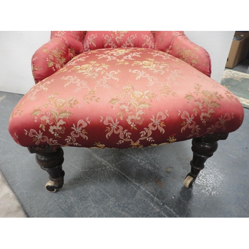 427 - Victorian mahogany nursing-type chair, upholstered in later pink floral moquette, on ceramic castors... 