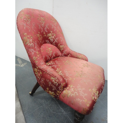 427 - Victorian mahogany nursing-type chair, upholstered in later pink floral moquette, on ceramic castors... 