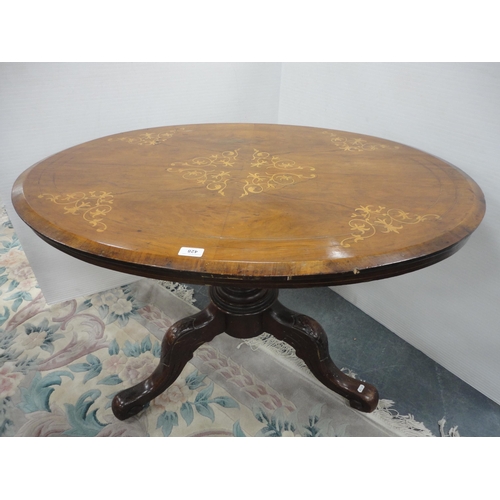 428 - Victorian inlaid walnut loo-type table with oval top, on turned column and tripod scroll supports an... 