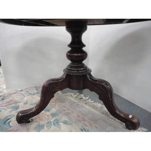 428 - Victorian inlaid walnut loo-type table with oval top, on turned column and tripod scroll supports an... 