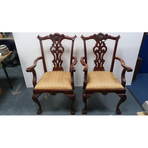 429 - Pair of Chippendale-style mahogany elbow chairs with acanthus decoration and slip-in seats, on ball ... 