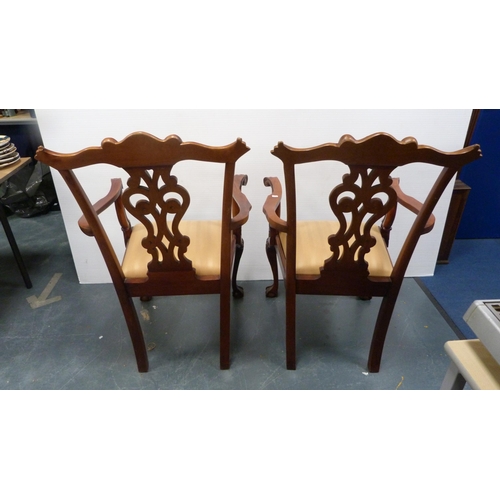 429 - Pair of Chippendale-style mahogany elbow chairs with acanthus decoration and slip-in seats, on ball ... 