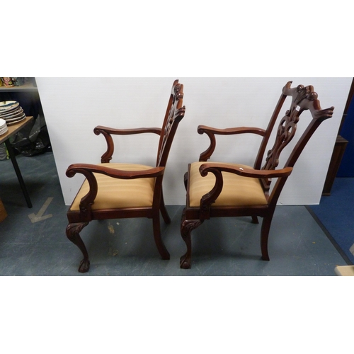 429 - Pair of Chippendale-style mahogany elbow chairs with acanthus decoration and slip-in seats, on ball ... 