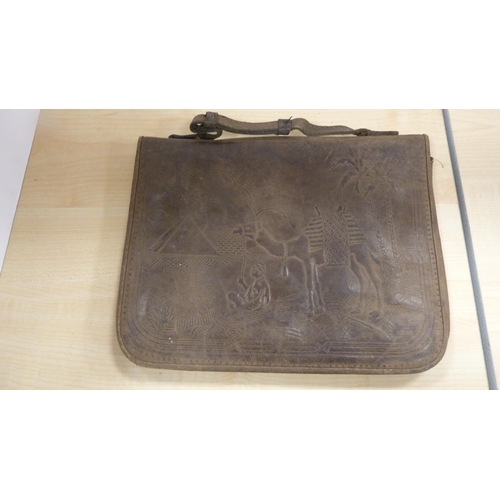 44 - Animal skin handbag, another, similar, decorated with a camel, prayer books etc.