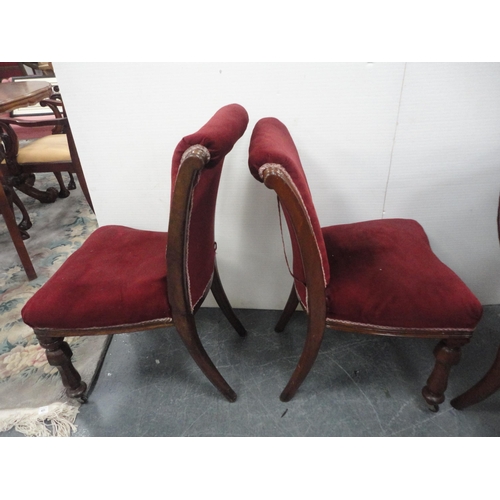 450 - Set of four Victorian mahogany dining chairs of graduated sizes, upholstered in later red velour, on... 