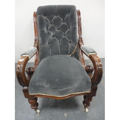 451 - Victorian mahogany-framed button-back open armchair, upholstered in later pale blue Dralon, open scr... 