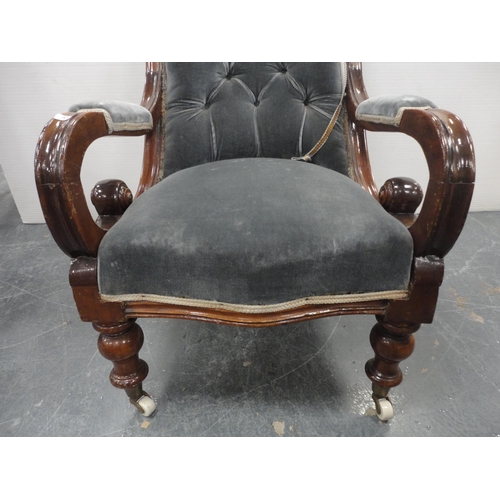 451 - Victorian mahogany-framed button-back open armchair, upholstered in later pale blue Dralon, open scr... 