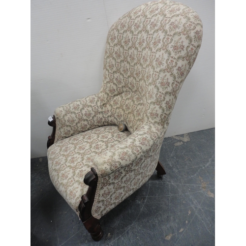 452 - Victorian mahogany-framed armchair, upholstered in later floral stuff-over fabric, on turned support... 