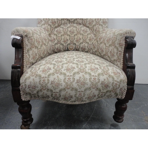 452 - Victorian mahogany-framed armchair, upholstered in later floral stuff-over fabric, on turned support... 