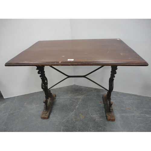 463 - Metal pub table with oak rectangular top.