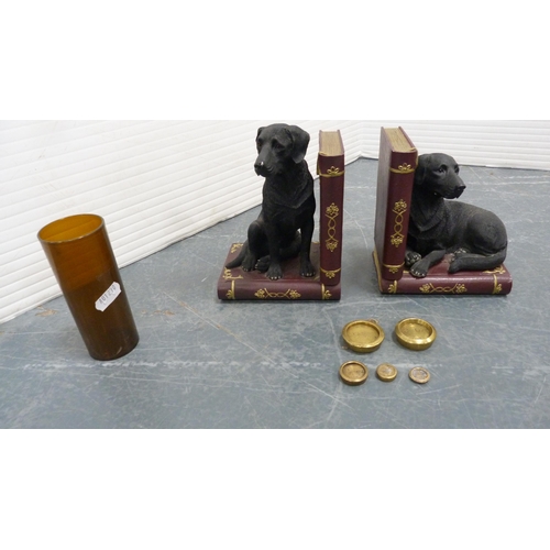 47 - Carton containing a bag with two lawn bowls, pair of contemporary dog bookends, brass-coated weights... 