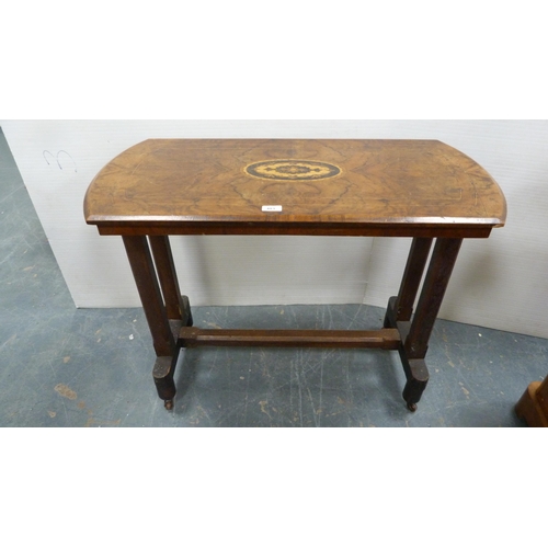 483 - Victorian walnut and marquetry-inlaid window table with shaped top, on platform base with adjoining ... 